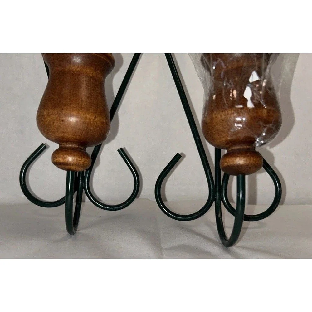 2 Vtg Green Metal Wood Heart Wall Taper Candle Sconces  14” Glass Globes Country
